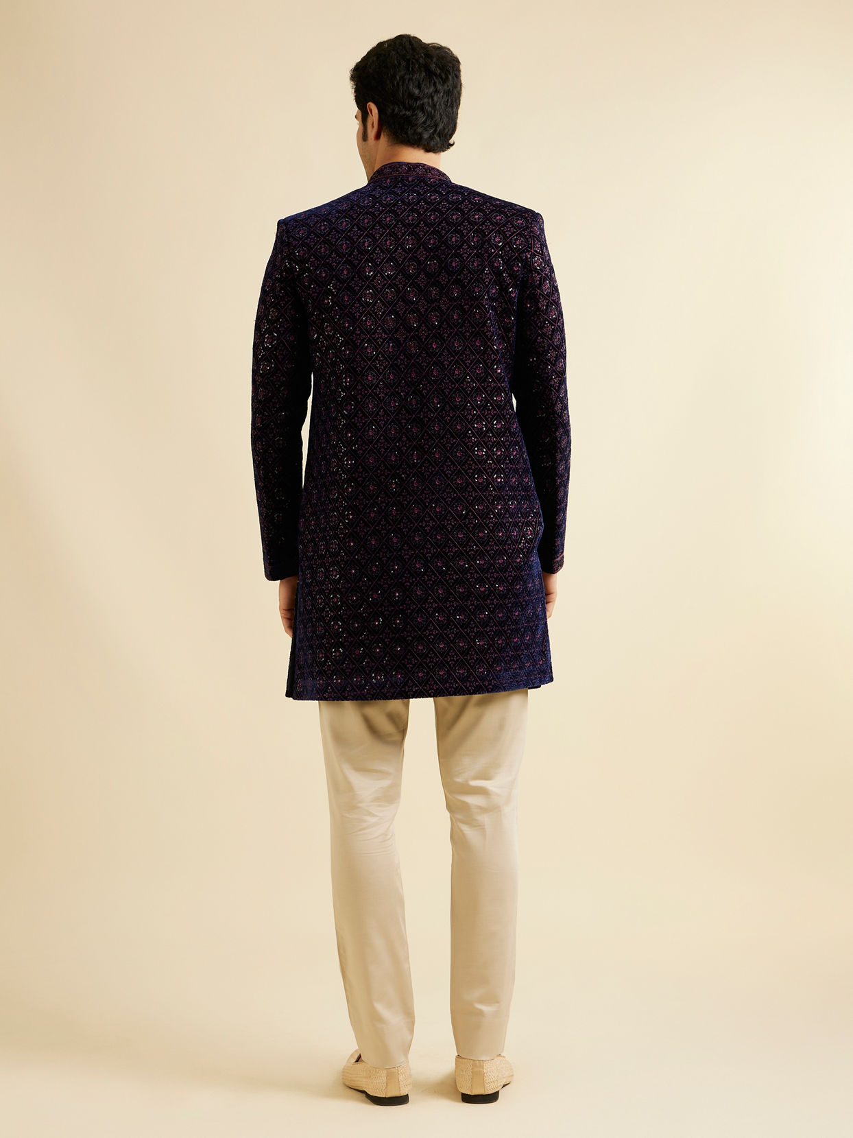 Manyavar Men Dark Blue Velvet Enchanting Ensemble Indo Western