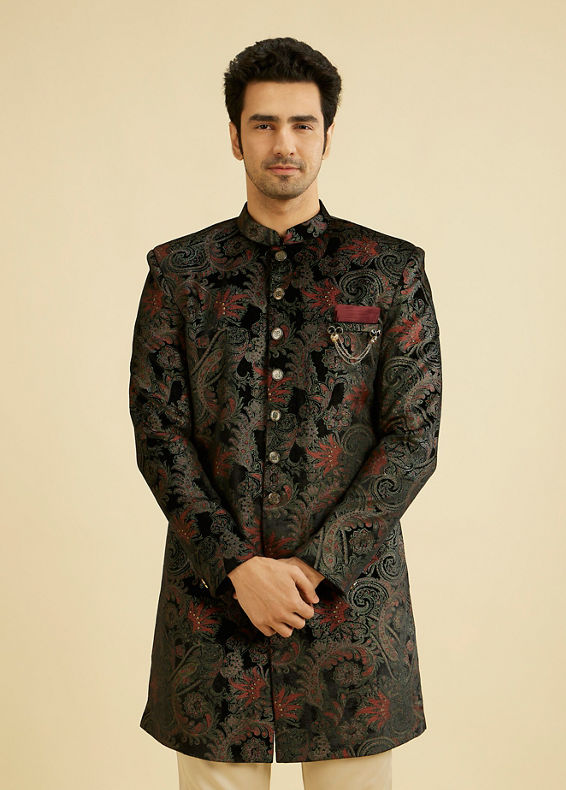 Manyavar Men Midnight Black Paisley Patterned Indo Western Set
