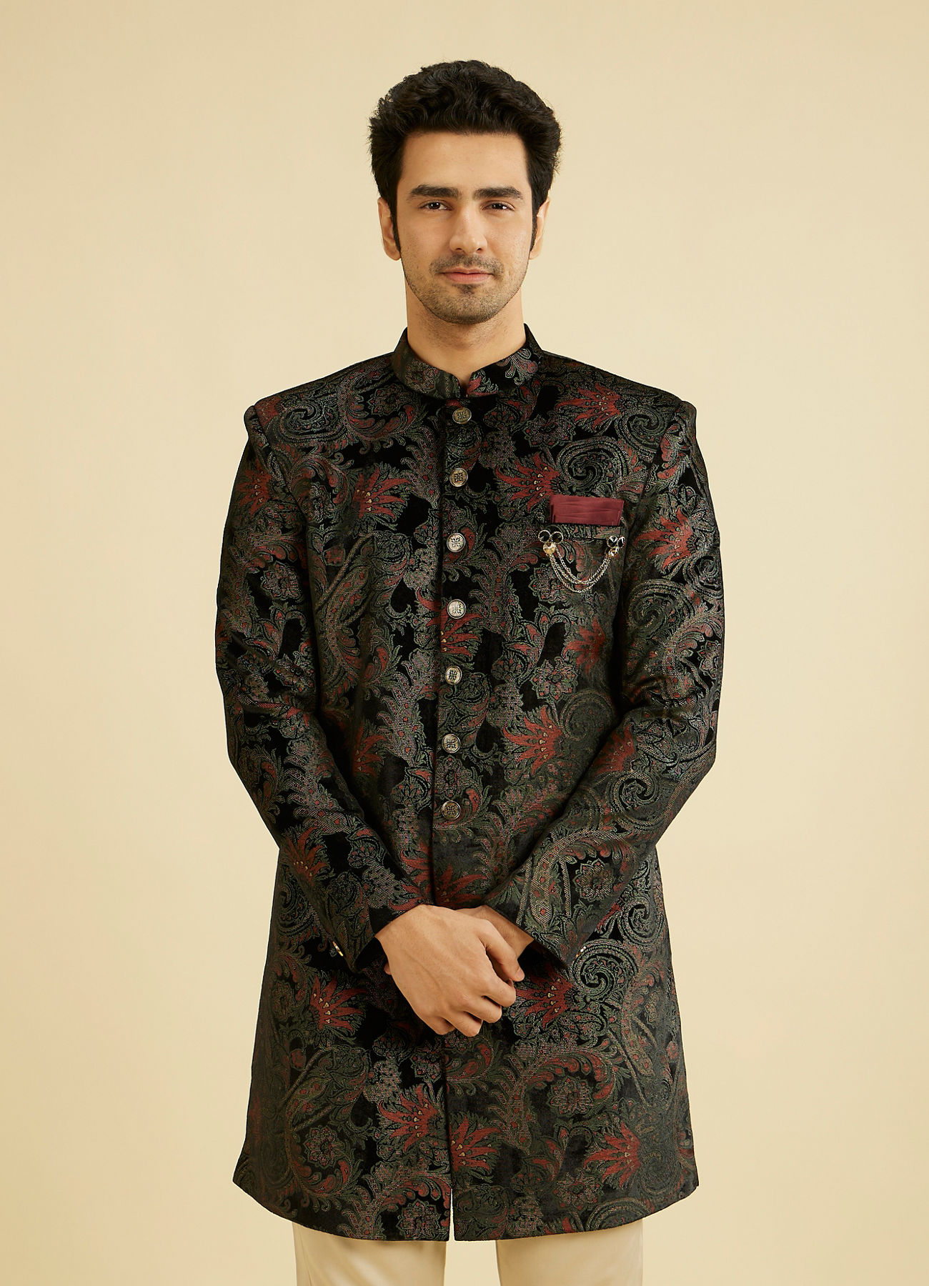 Manyavar Men Midnight Black Paisley Patterned Indo Western Set