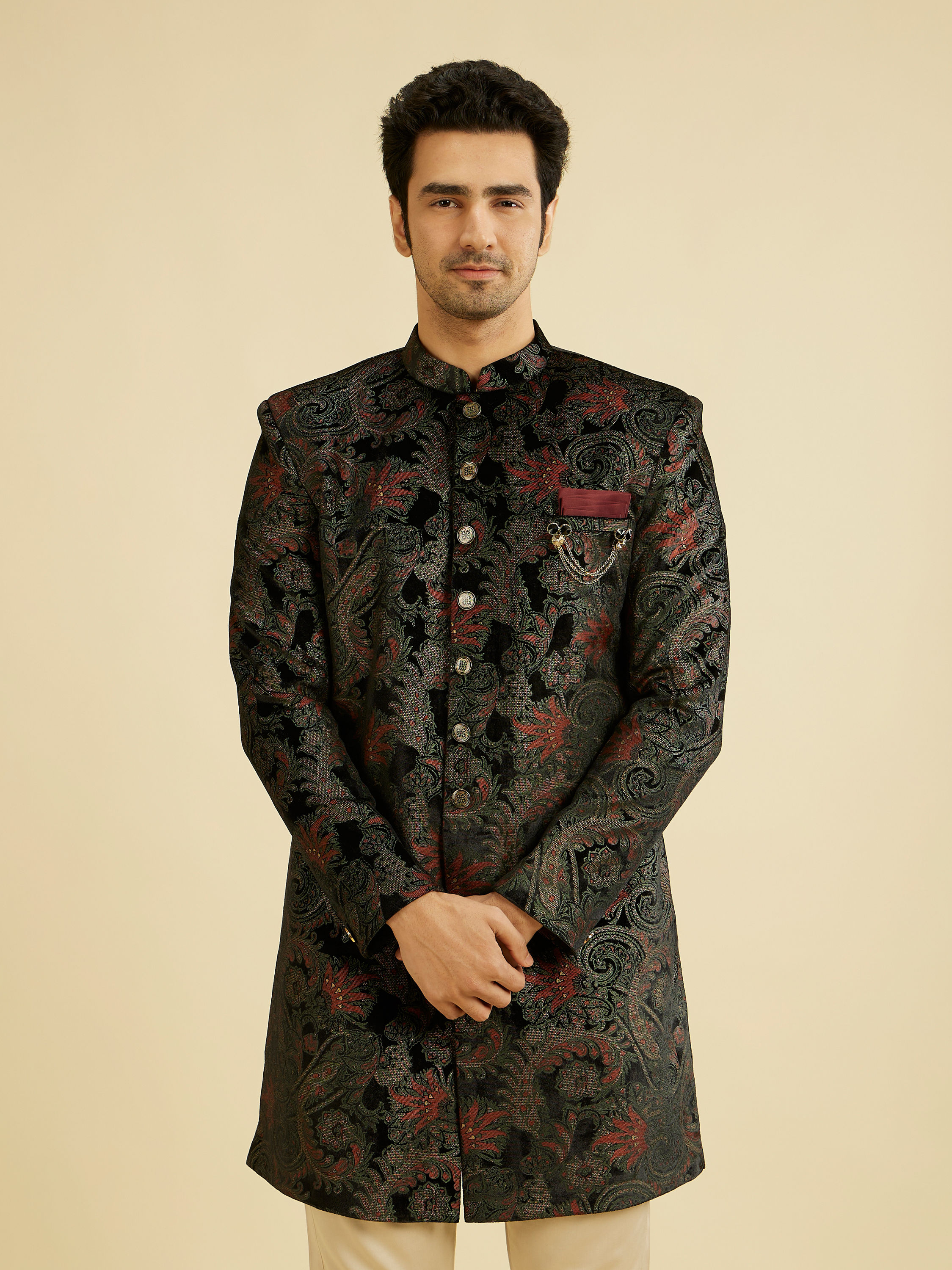 Manyavar Men Midnight Black Paisley Patterned Indo Western Set