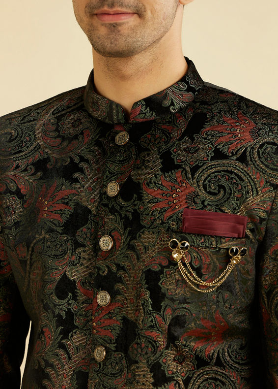 Manyavar Men Midnight Black Paisley Patterned Indo Western Set
