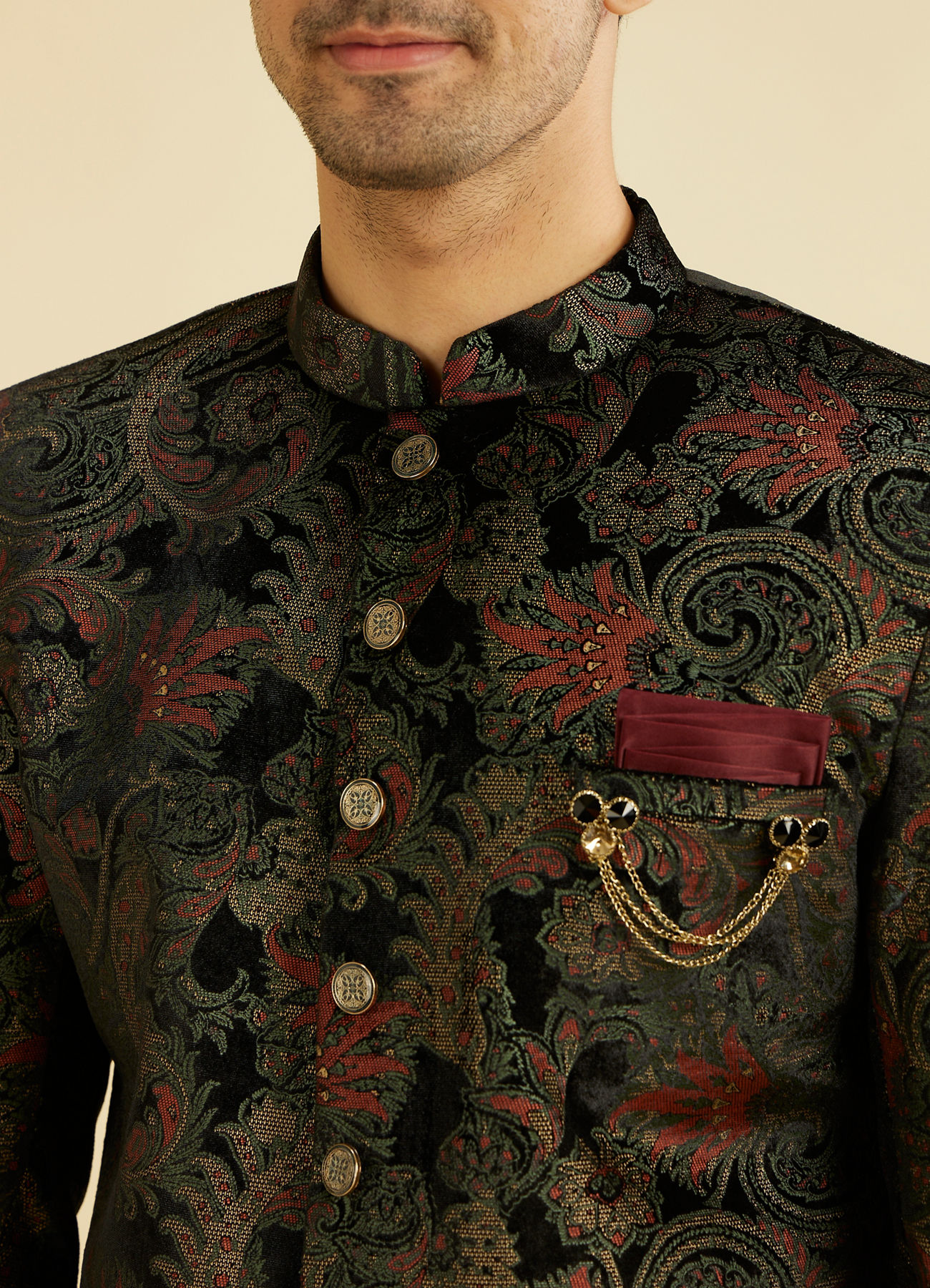 Manyavar Men Midnight Black Paisley Patterned Indo Western Set