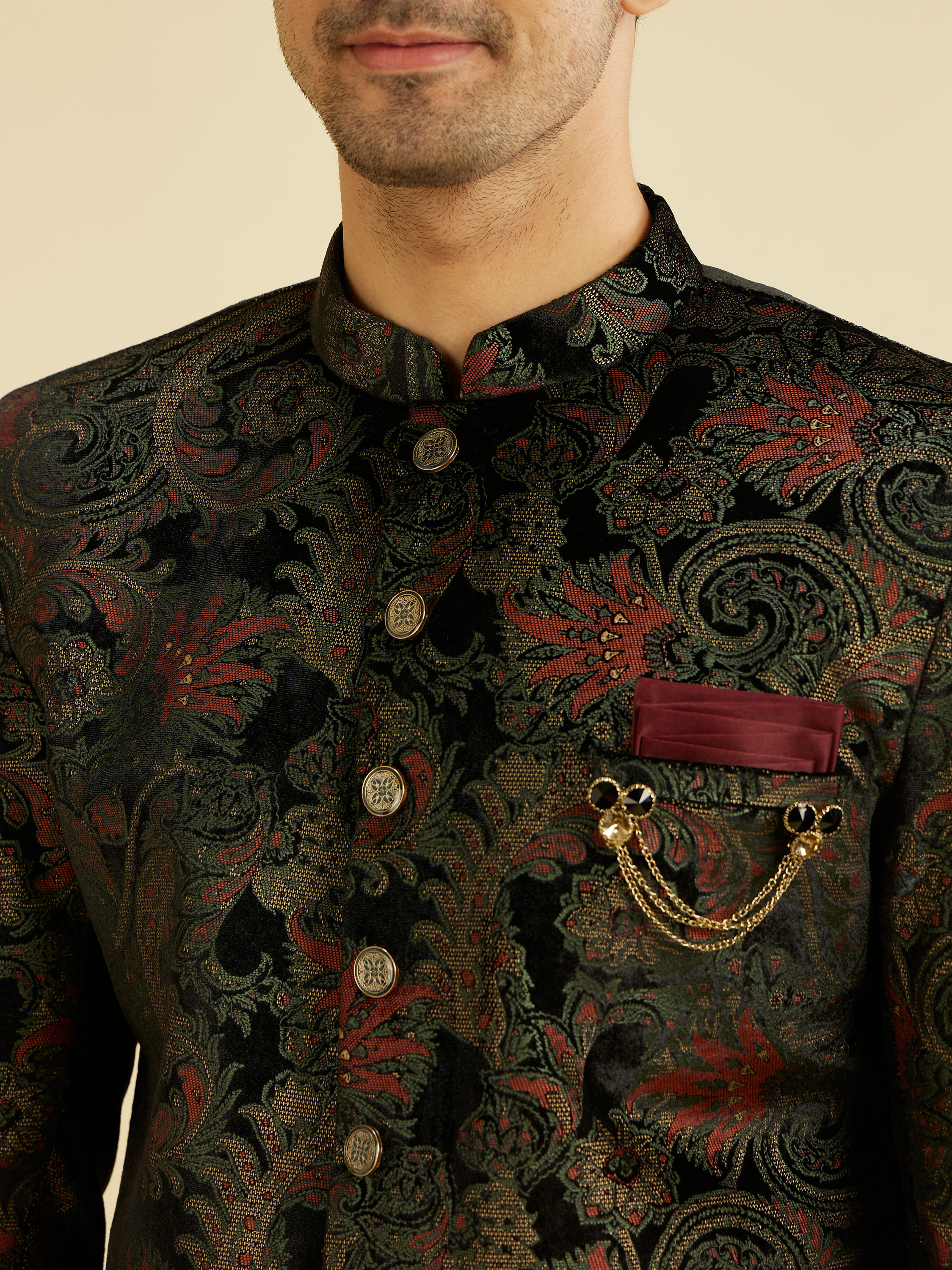 Manyavar Men Midnight Black Paisley Patterned Indo Western Set