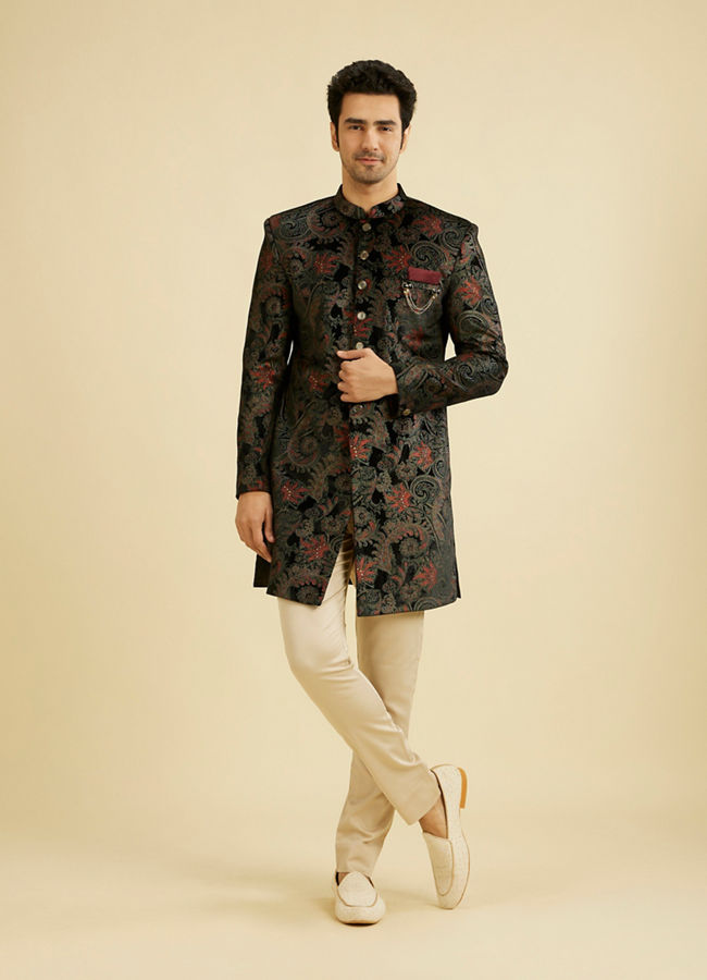 Manyavar Men Midnight Black Paisley Patterned Indo Western Set