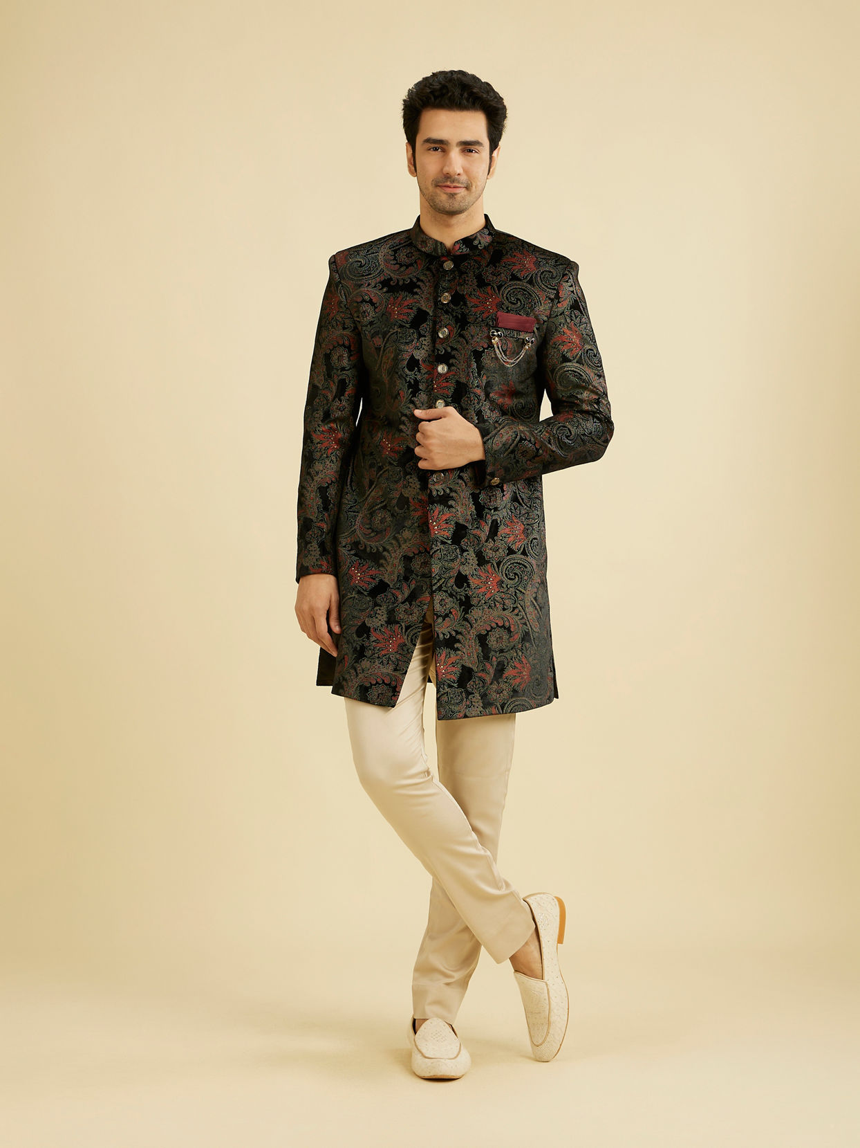 Manyavar Men Midnight Black Paisley Patterned Indo Western Set