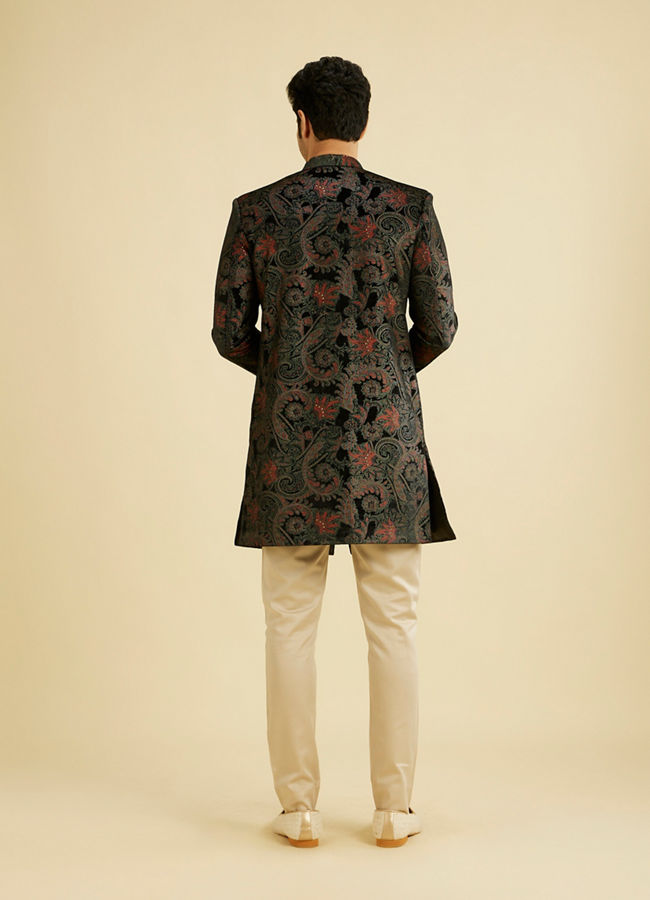 Manyavar Men Midnight Black Paisley Patterned Indo Western Set