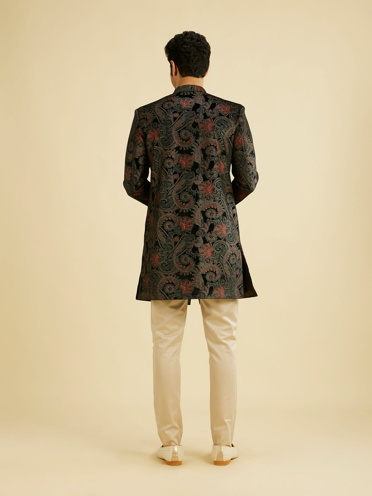 Manyavar Men Midnight Black Paisley Patterned Indo Western Set