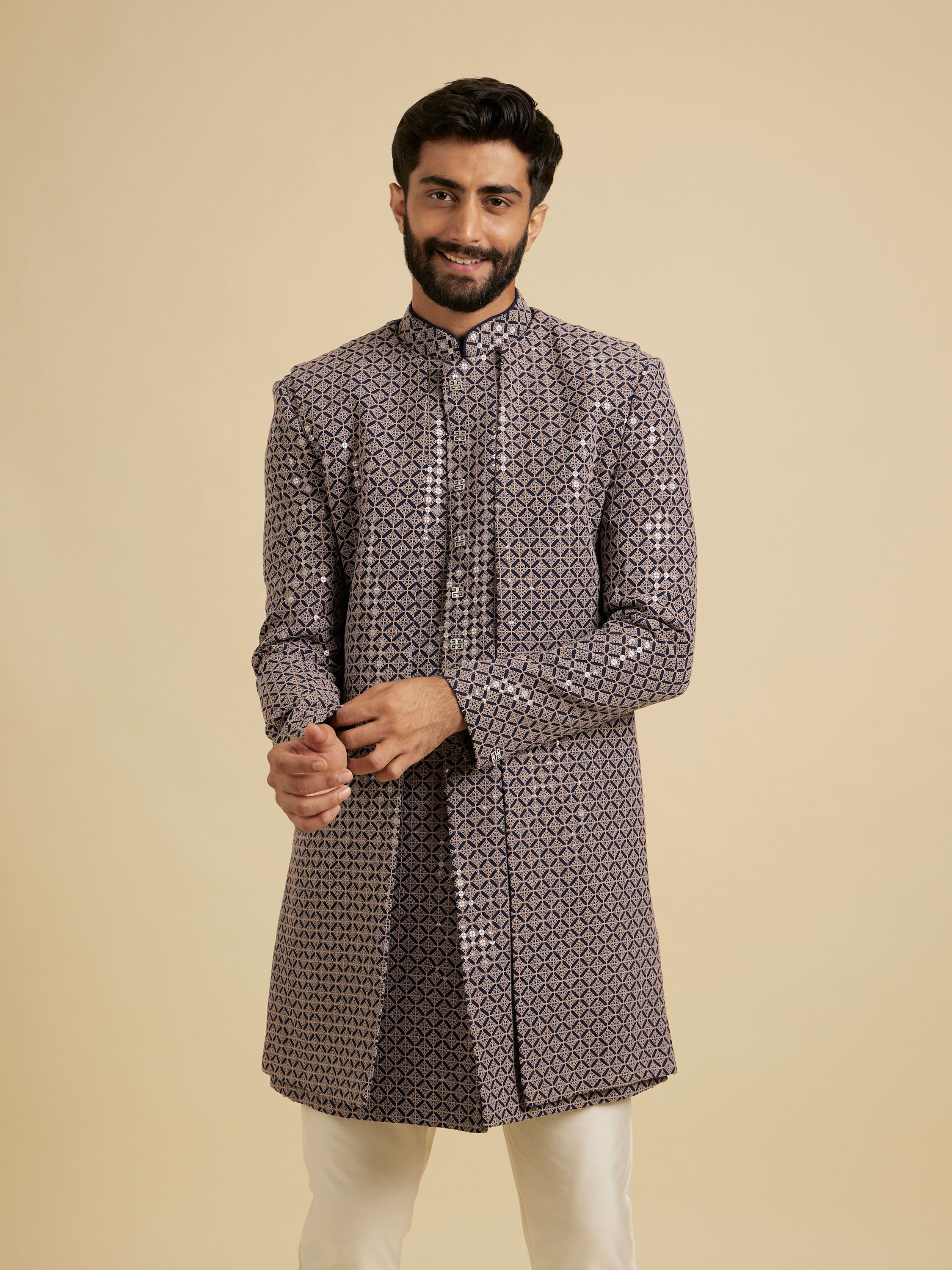 Manyavar Men Serene Blue Viscose Indo Western