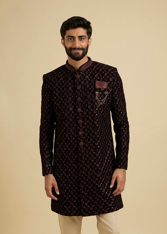 Manyavar Men Wine Red Floral Embroidered Indo Western Set with Rhinestone Work