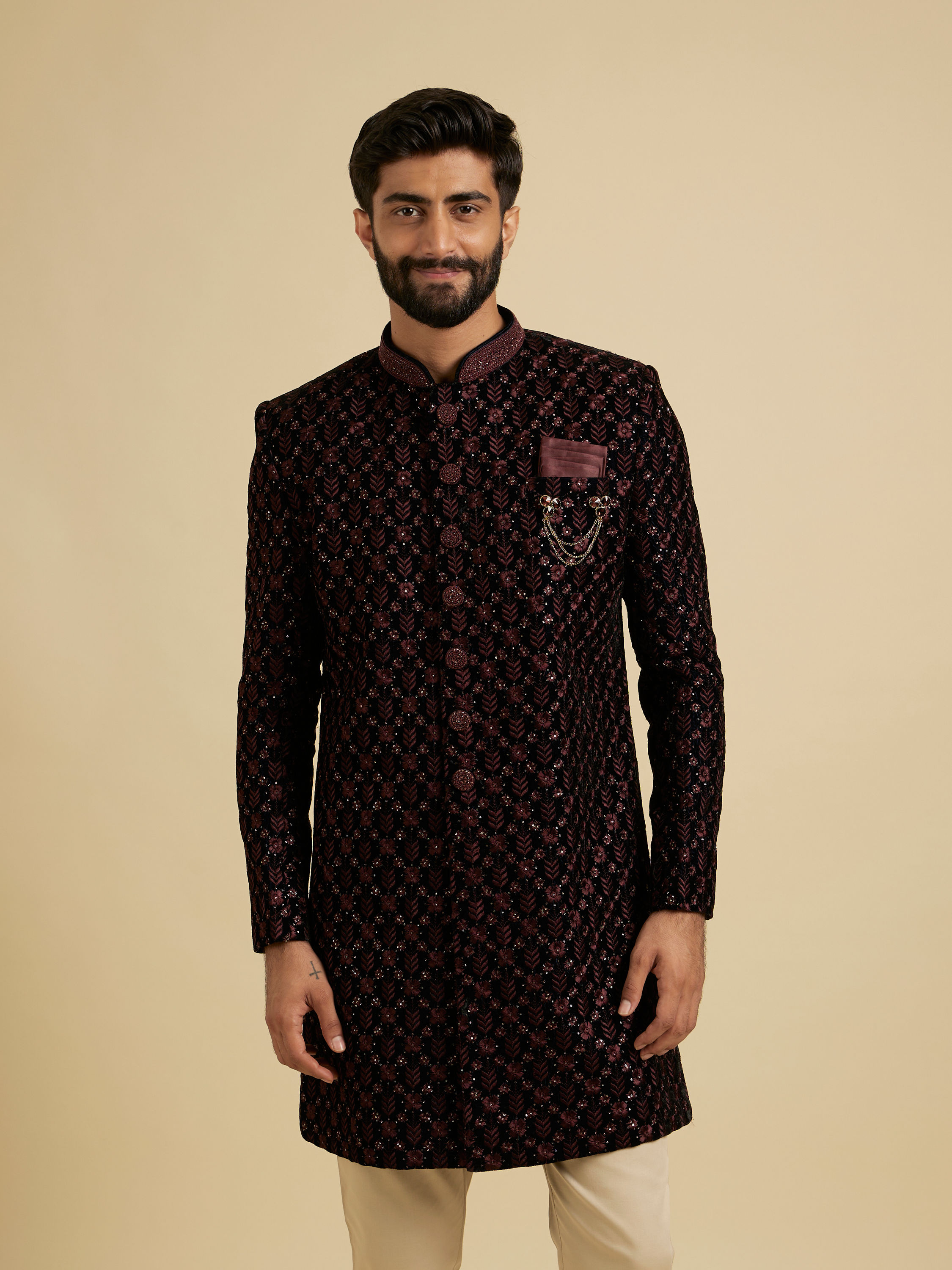 Manyavar Men Wine Red Floral Embroidered Indo Western Set with Rhinestone Work