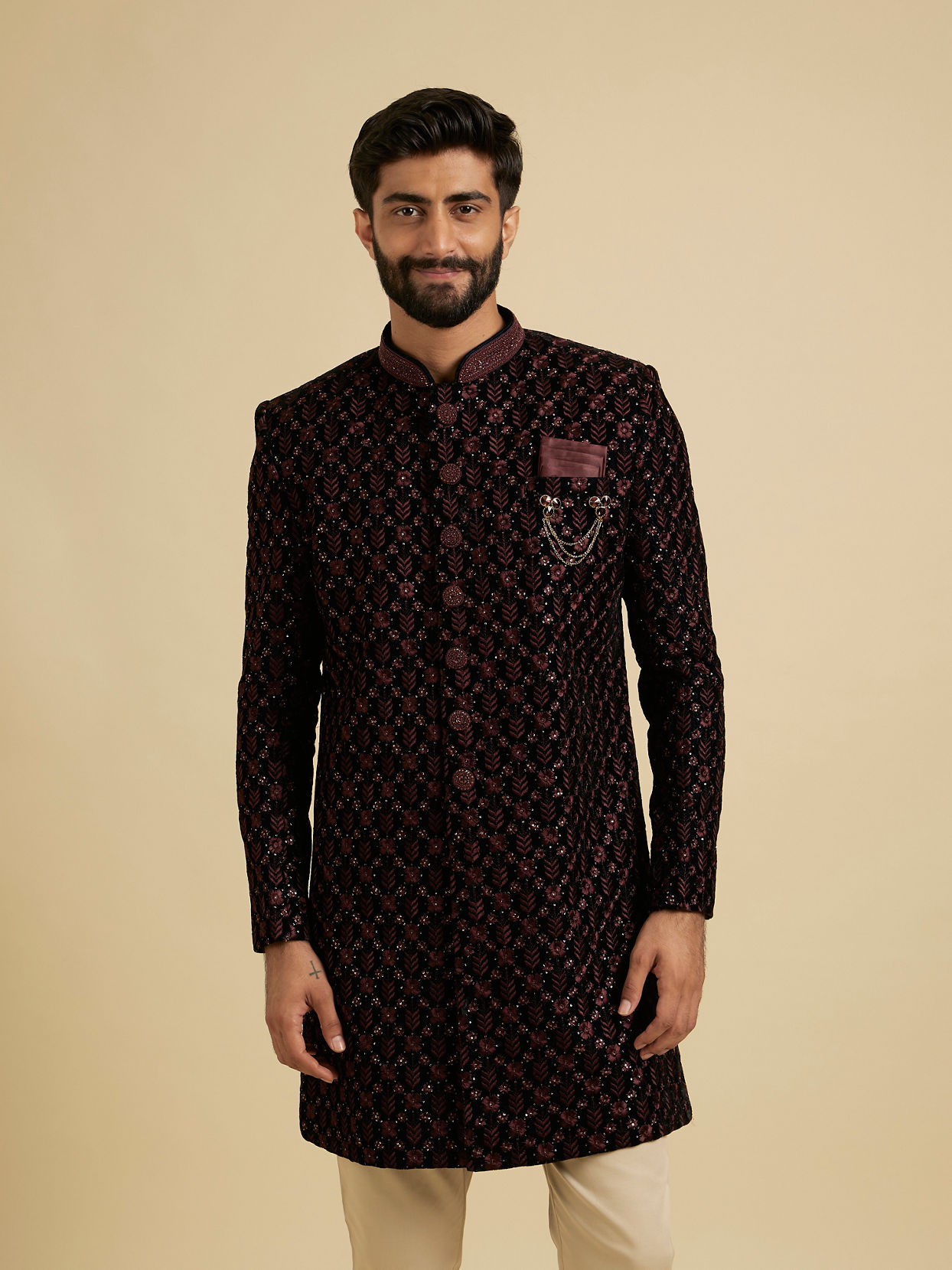 Manyavar Men Wine Red Floral Embroidered Indo Western Set with Rhinestone Work