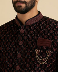 Manyavar Men Wine Red Floral Embroidered Indo Western Set with Rhinestone Work