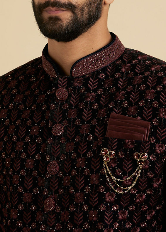 Manyavar Men Wine Red Floral Embroidered Indo Western Set with Rhinestone Work