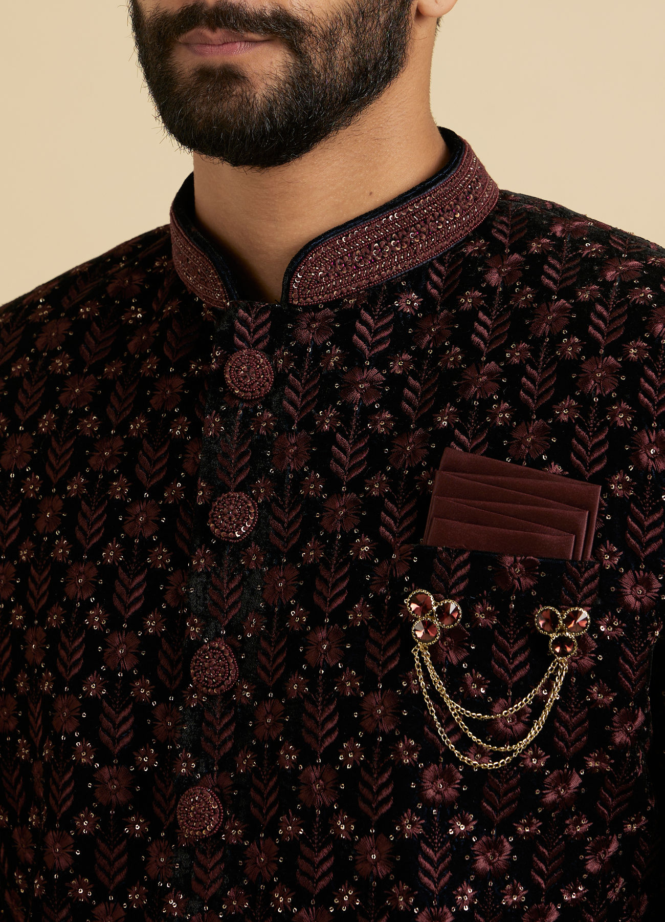 Manyavar Men Wine Red Floral Embroidered Indo Western Set with Rhinestone Work