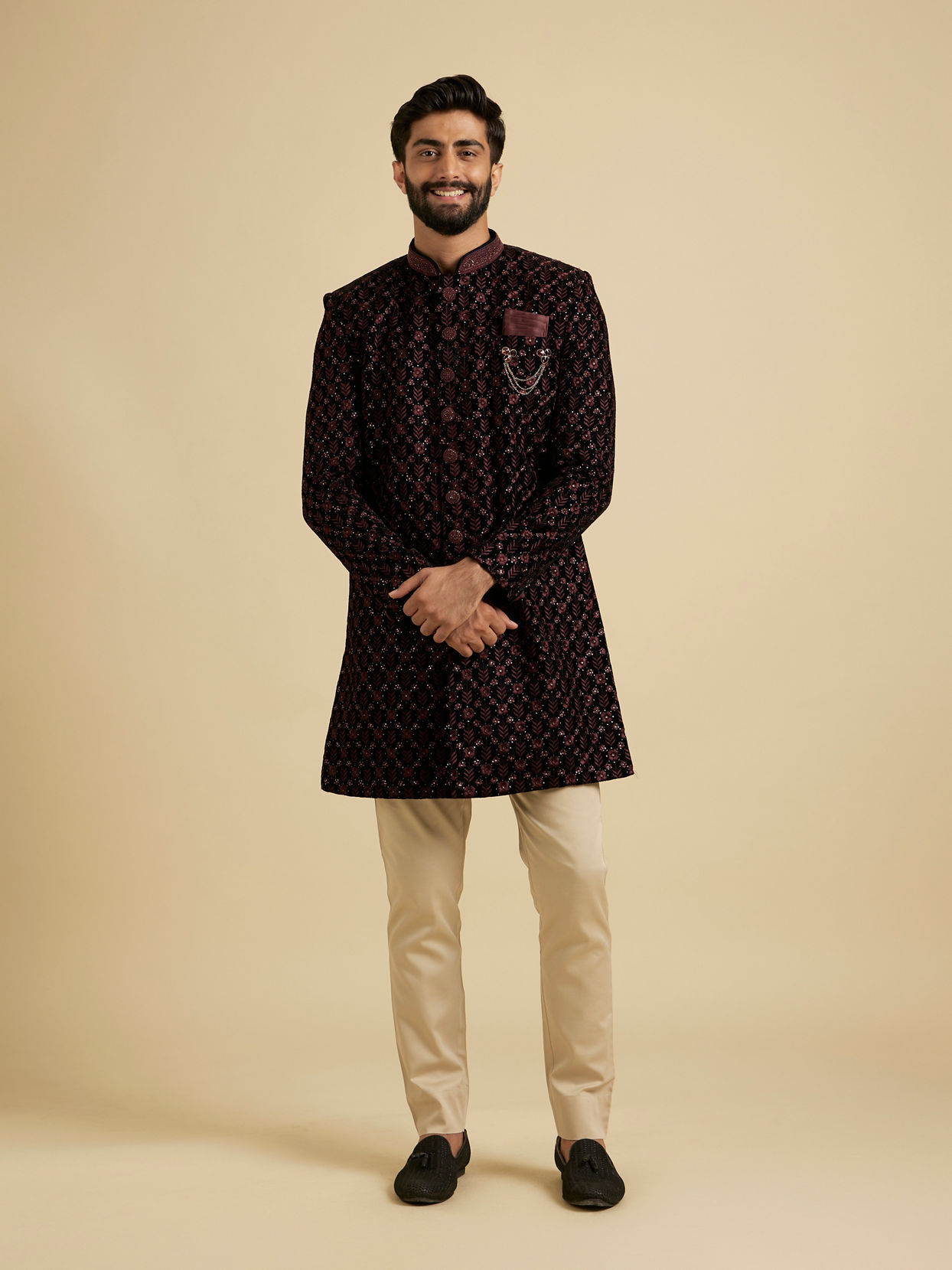 Manyavar Men Wine Red Floral Embroidered Indo Western Set with Rhinestone Work