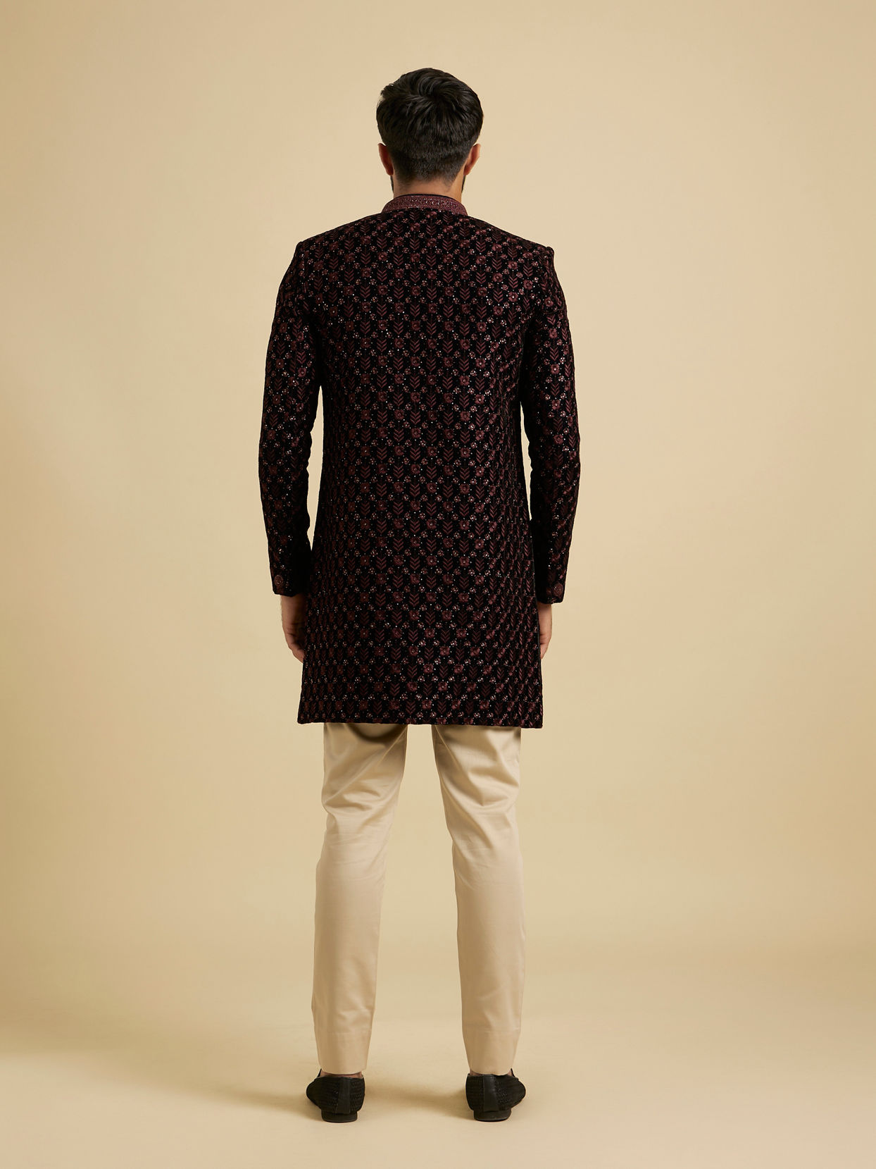 Manyavar Men Wine Red Floral Embroidered Indo Western Set with Rhinestone Work