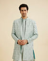 Manyavar Men Soft Green Grid Patterned Indo Western Set with Floral Motifs