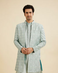 Manyavar Men Soft Green Grid Patterned Indo Western Set with Floral Motifs