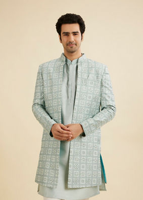 Manyavar Men Soft Green Grid Patterned Indo Western Set with Floral Motifs