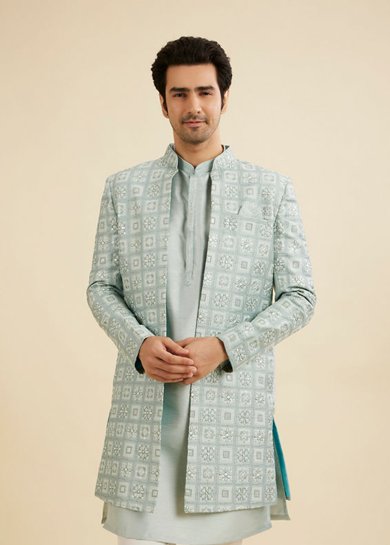 Manyavar Men Soft Green Grid Patterned Indo Western Set with Floral Motifs