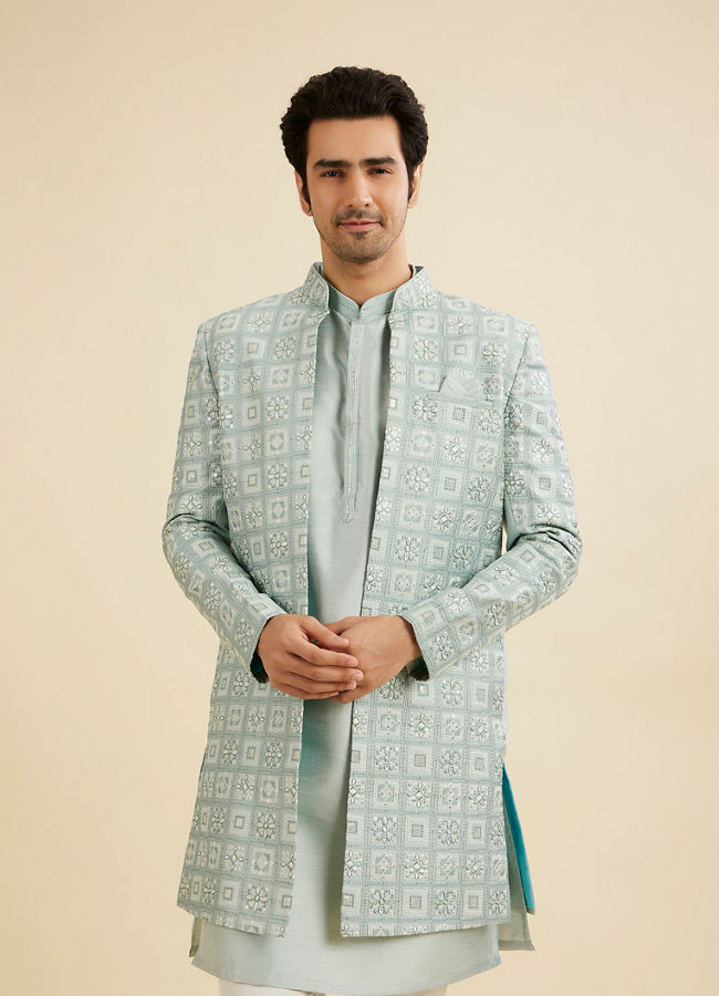 Manyavar Men Soft Green Grid Patterned Indo Western Set with Floral Motifs