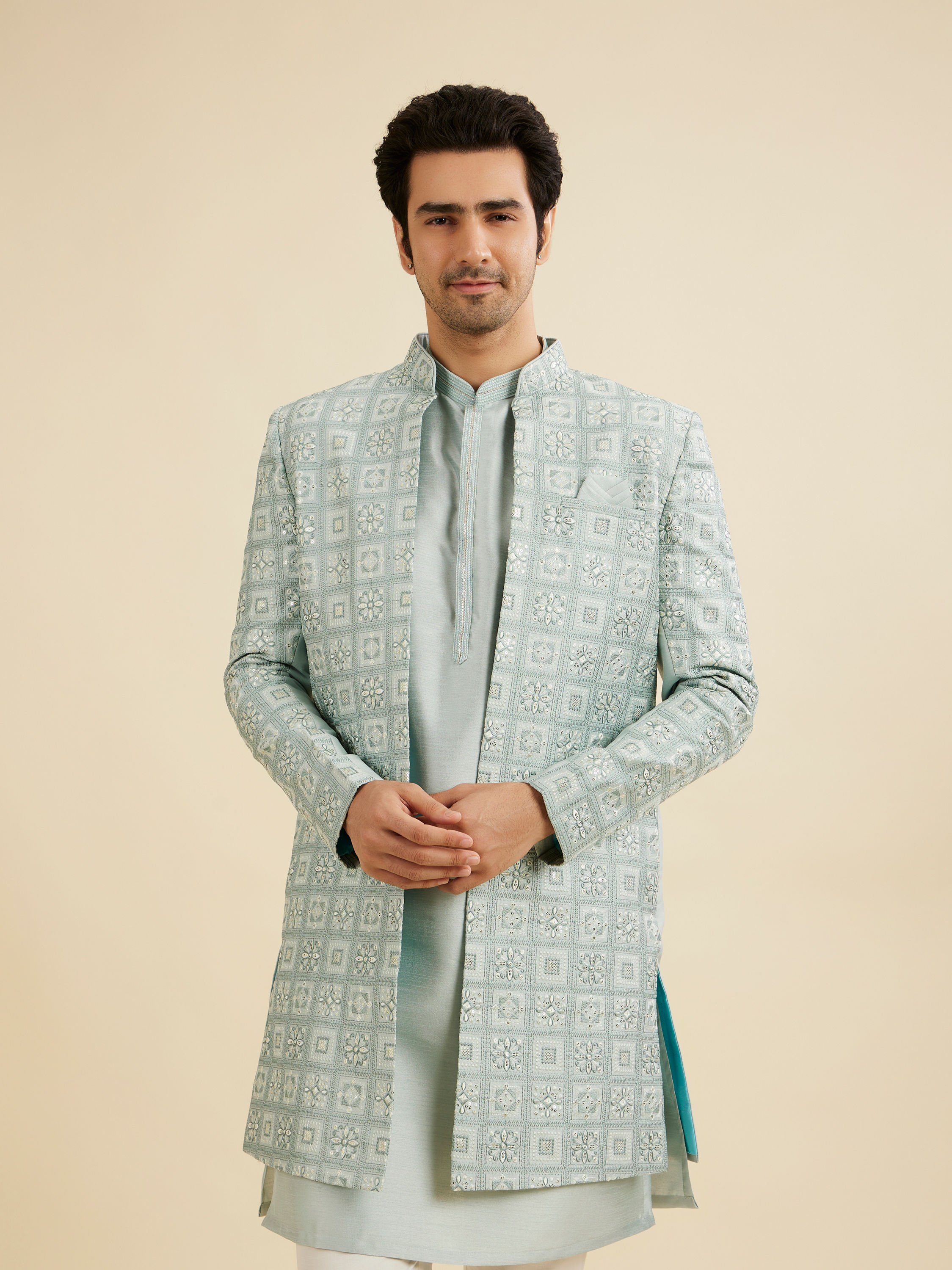 Manyavar Men Soft Green Grid Patterned Indo Western Set with Floral Motifs
