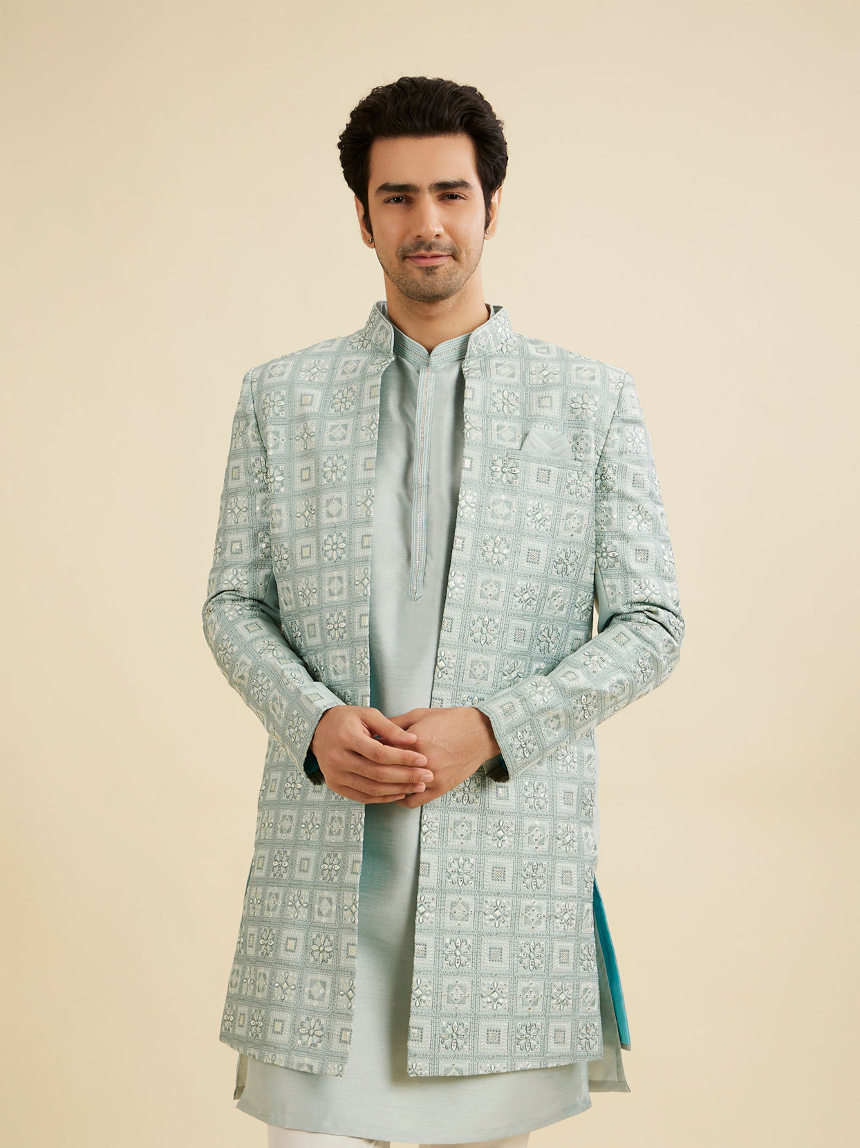 Manyavar Men Soft Green Grid Patterned Indo Western Set with Floral Motifs