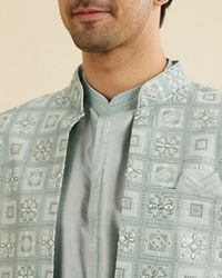 Manyavar Men Soft Green Grid Patterned Indo Western Set with Floral Motifs