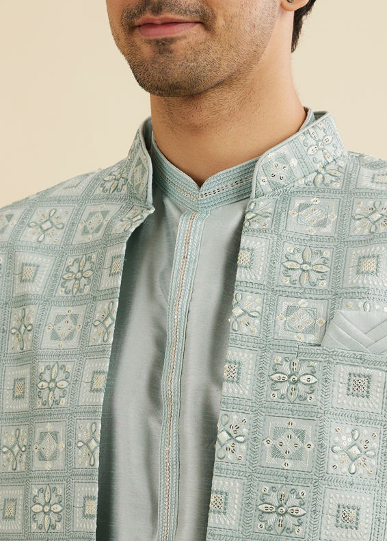 Manyavar Men Soft Green Grid Patterned Indo Western Set with Floral Motifs