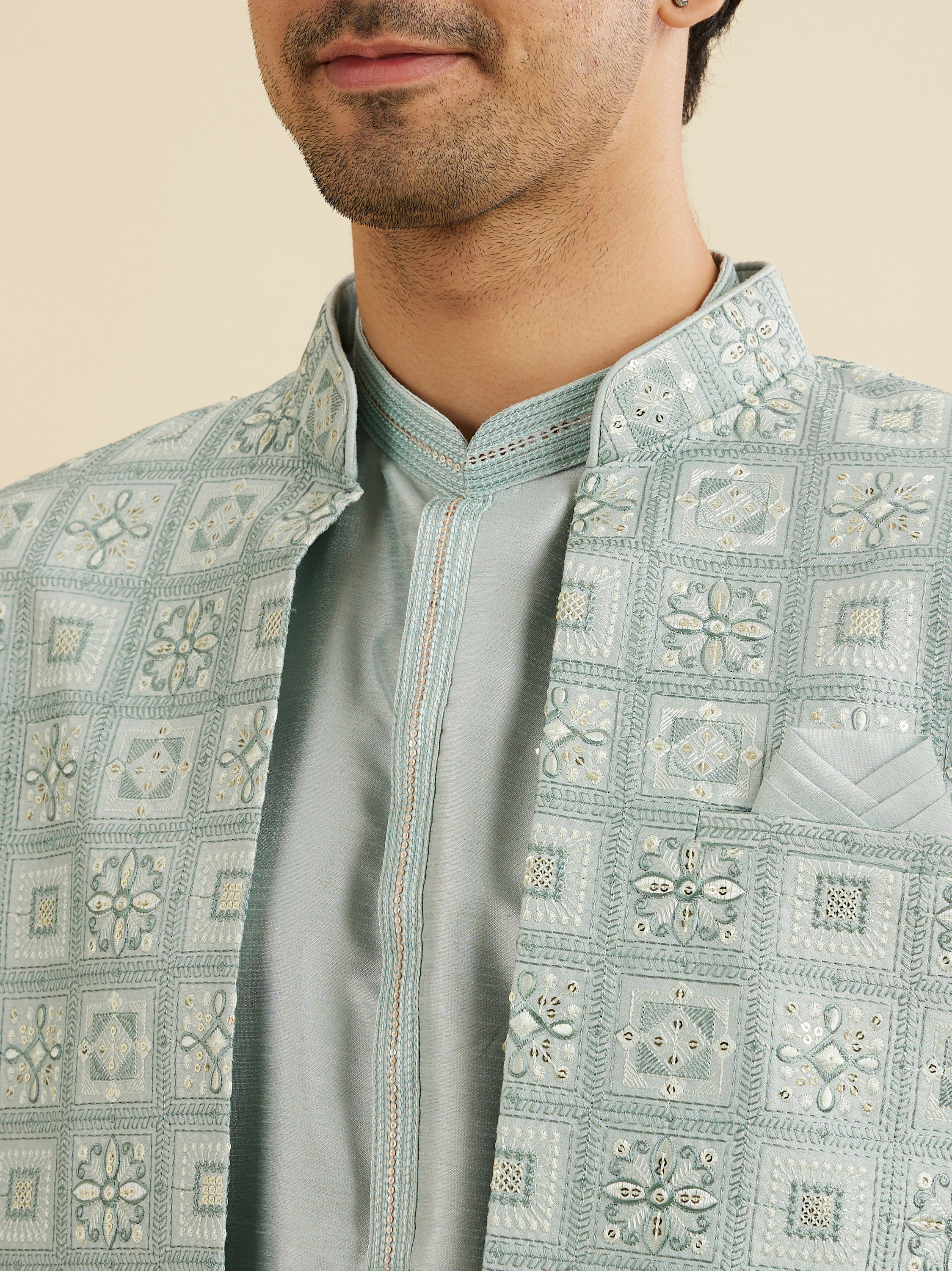 Manyavar Men Soft Green Grid Patterned Indo Western Set with Floral Motifs