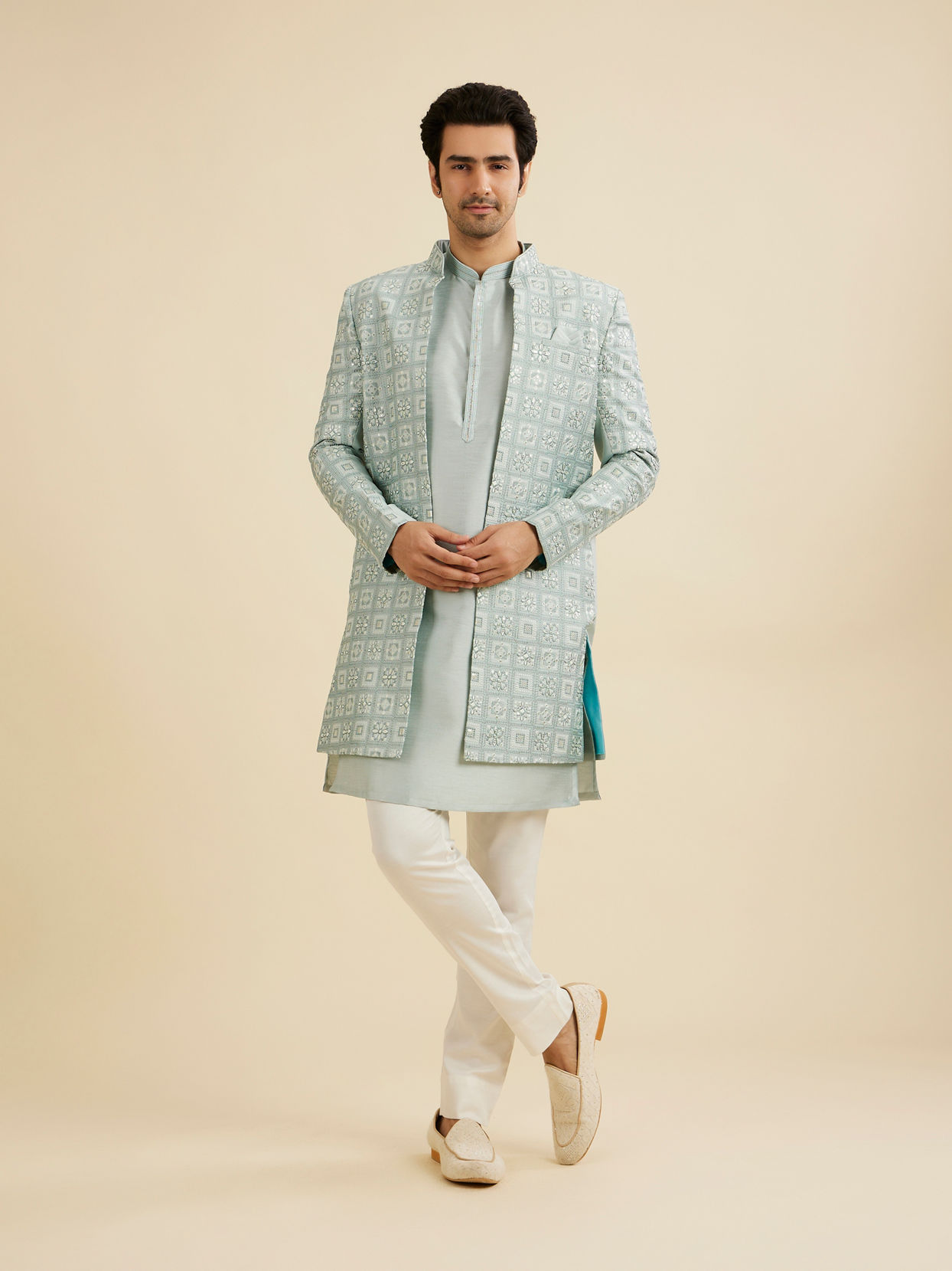 Manyavar Men Soft Green Grid Patterned Indo Western Set with Floral Motifs