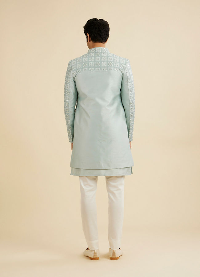 Manyavar Men Soft Green Grid Patterned Indo Western Set with Floral Motifs
