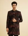 Manyavar Men Ebony Black Indo Western Set with Fish Scale Pattern image number 0