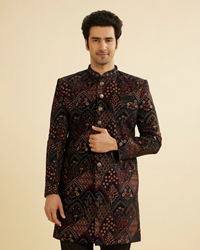 Manyavar Men Ebony Black Indo Western Set with Fish Scale Pattern And Fern Motifs