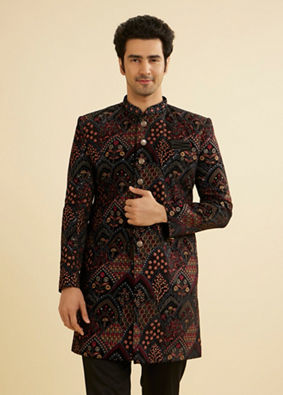 Manyavar Men Ebony Black Indo Western Set with Fish Scale Pattern image number 0