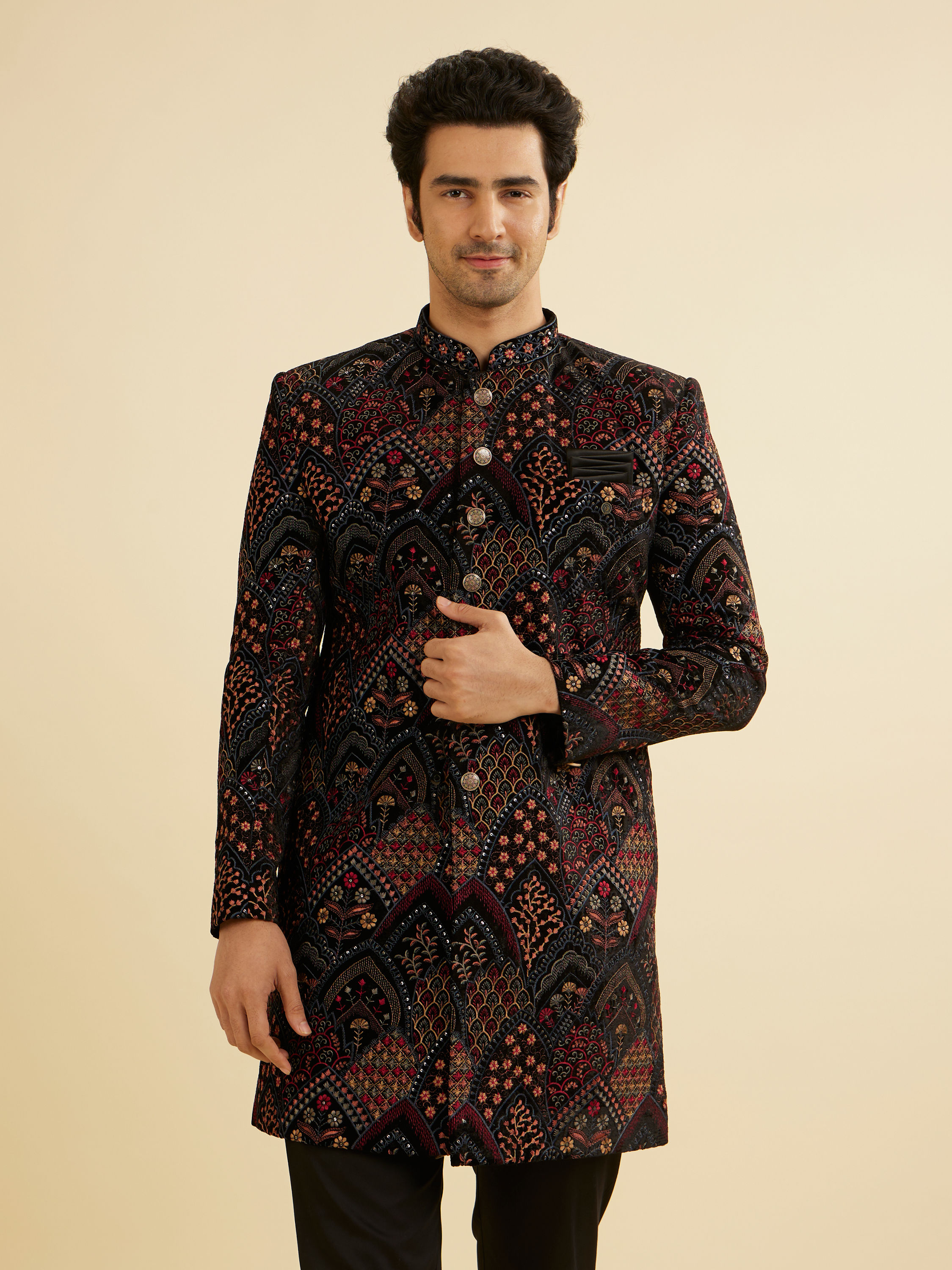 Manyavar Men Ebony Black Indo Western Set with Fish Scale Pattern