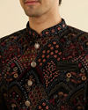 Manyavar Men Ebony Black Indo Western Set with Fish Scale Pattern And Fern Motifs