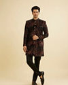 Manyavar Men Ebony Black Indo Western Set with Fish Scale Pattern image number 2