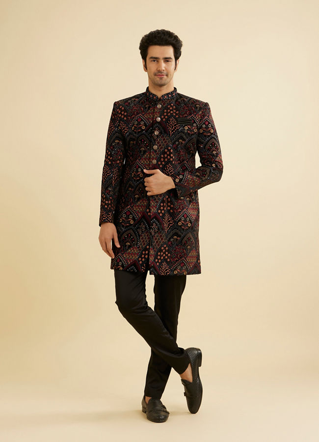 Manyavar Men Ebony Black Indo Western Set with Fish Scale Pattern And Fern Motifs