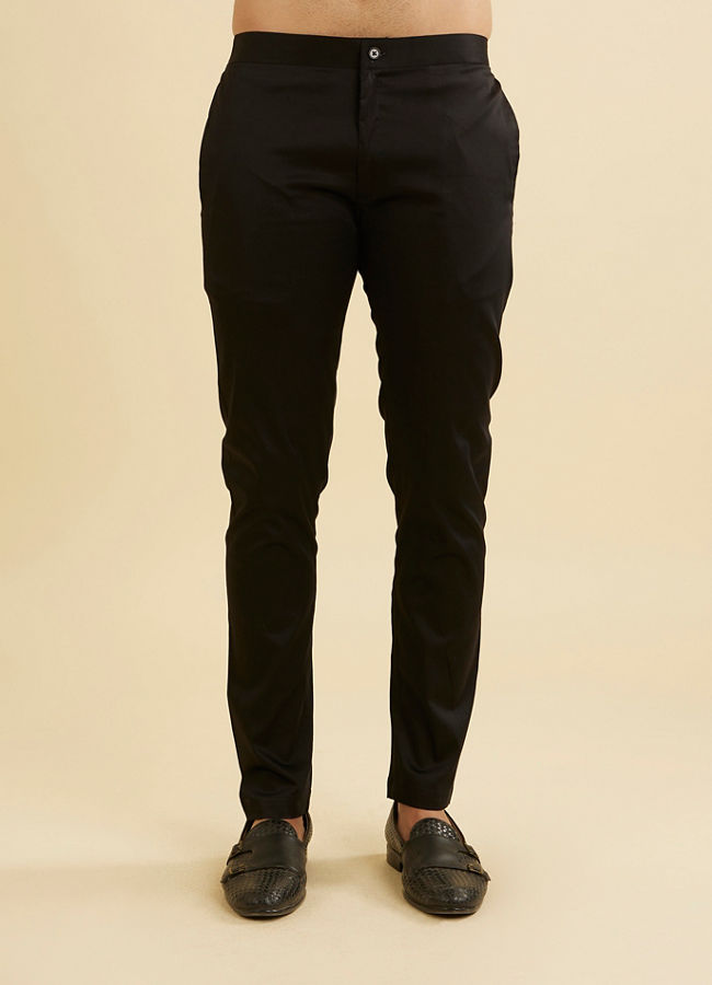 Manyavar Men Ebony Black Indo Western Set with Fish Scale Pattern And Fern Motifs