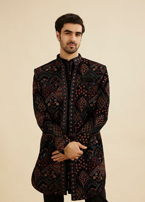Manyavar Men Midnight Black Indo Western Set with Fish Scale Pattern And Fern Motifs