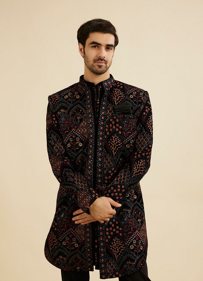 Manyavar Men Midnight Black Indo Western Set with Fish Scale Pattern And Fern Motifs