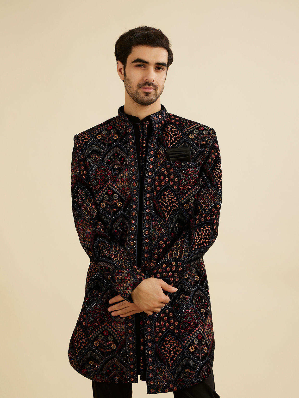 Manyavar Men Midnight Black Indo Western Set with Fish Scale Pattern And Fern Motifs