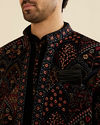 Manyavar Men Midnight Black Indo Western Set with Fish Scale Pattern And Fern Motifs