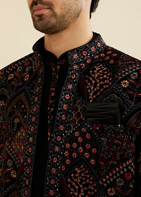 Manyavar Men Midnight Black Indo Western Set with Fish Scale Pattern And Fern Motifs