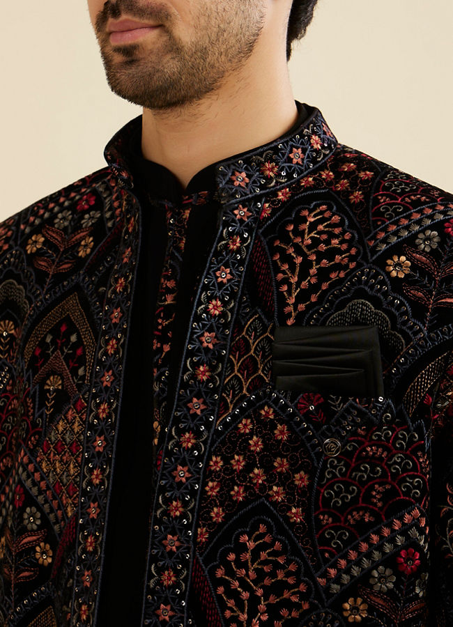 Manyavar Men Midnight Black Indo Western Set with Fish Scale Pattern And Fern Motifs