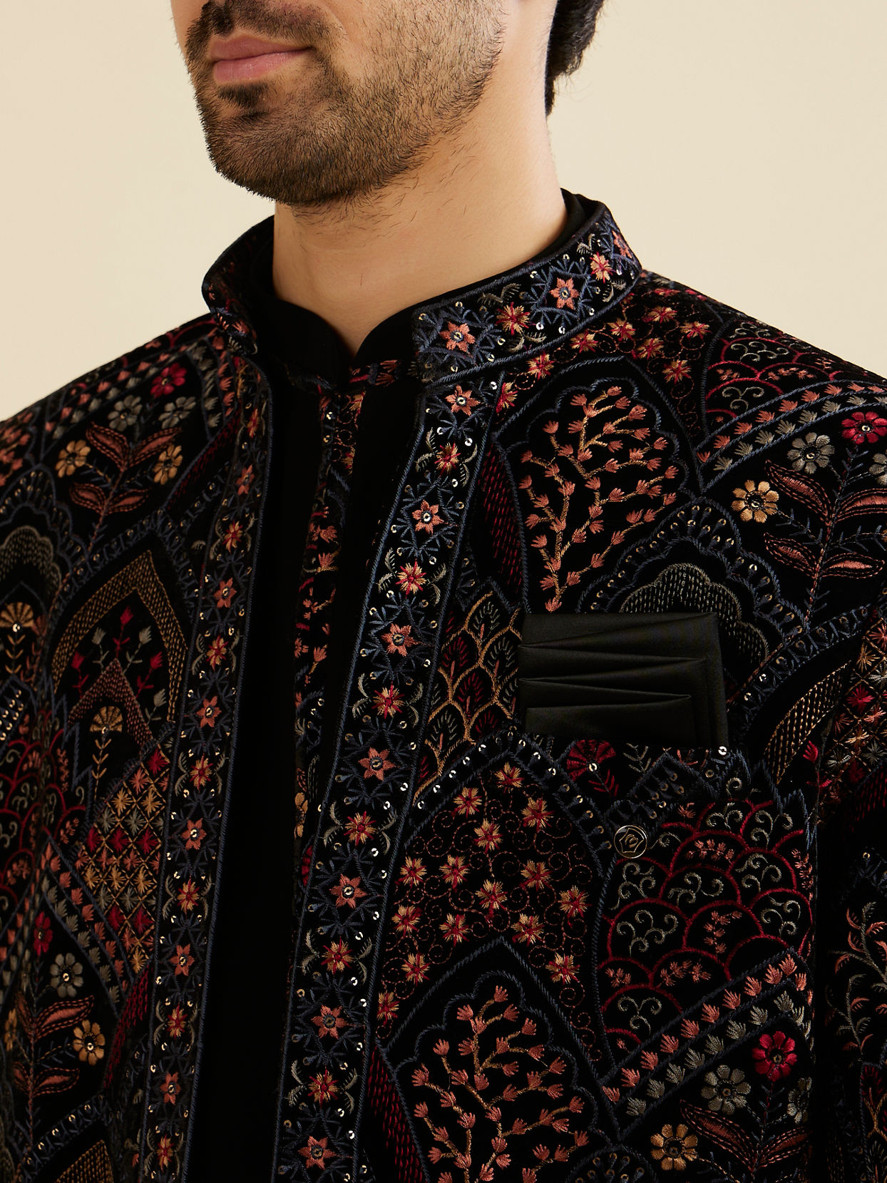 Manyavar Men Midnight Black Indo Western Set with Fish Scale Pattern And Fern Motifs