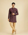 Manyavar Men Wine Red Medallion Jaal Patterned Indo Western Set