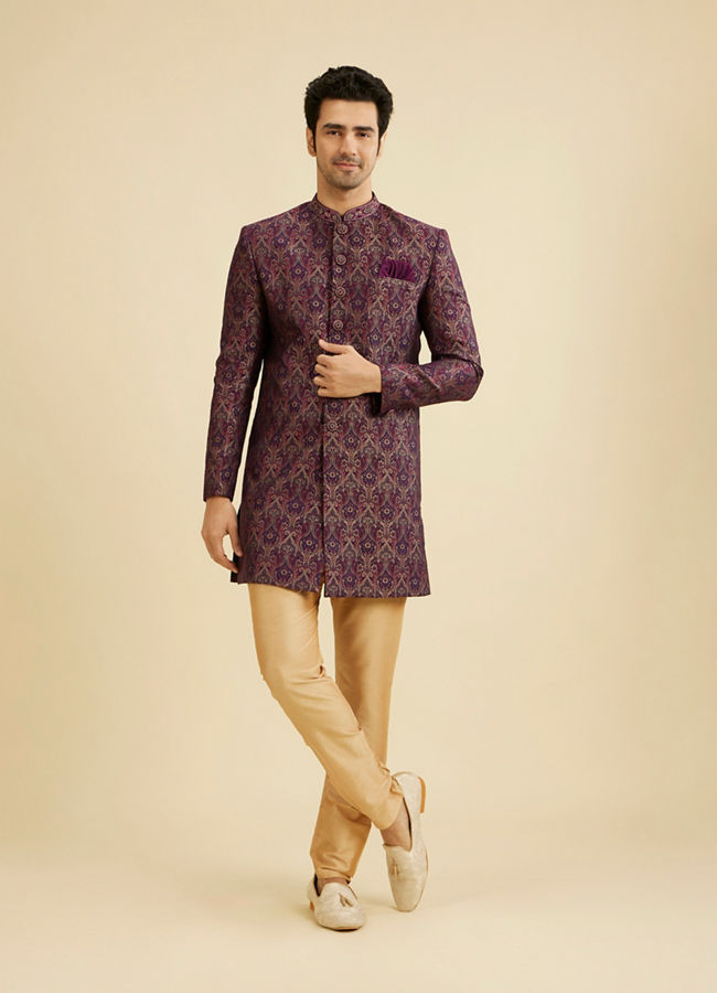 Manyavar Men Wine Red Medallion Jaal Patterned Indo Western Set