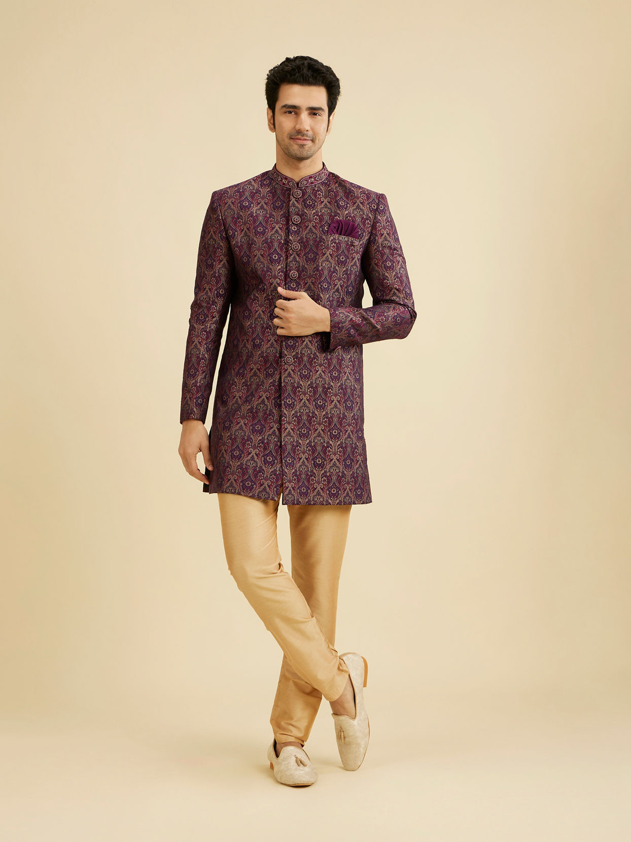 Manyavar Men Wine Red Medallion Jaal Patterned Indo Western Set